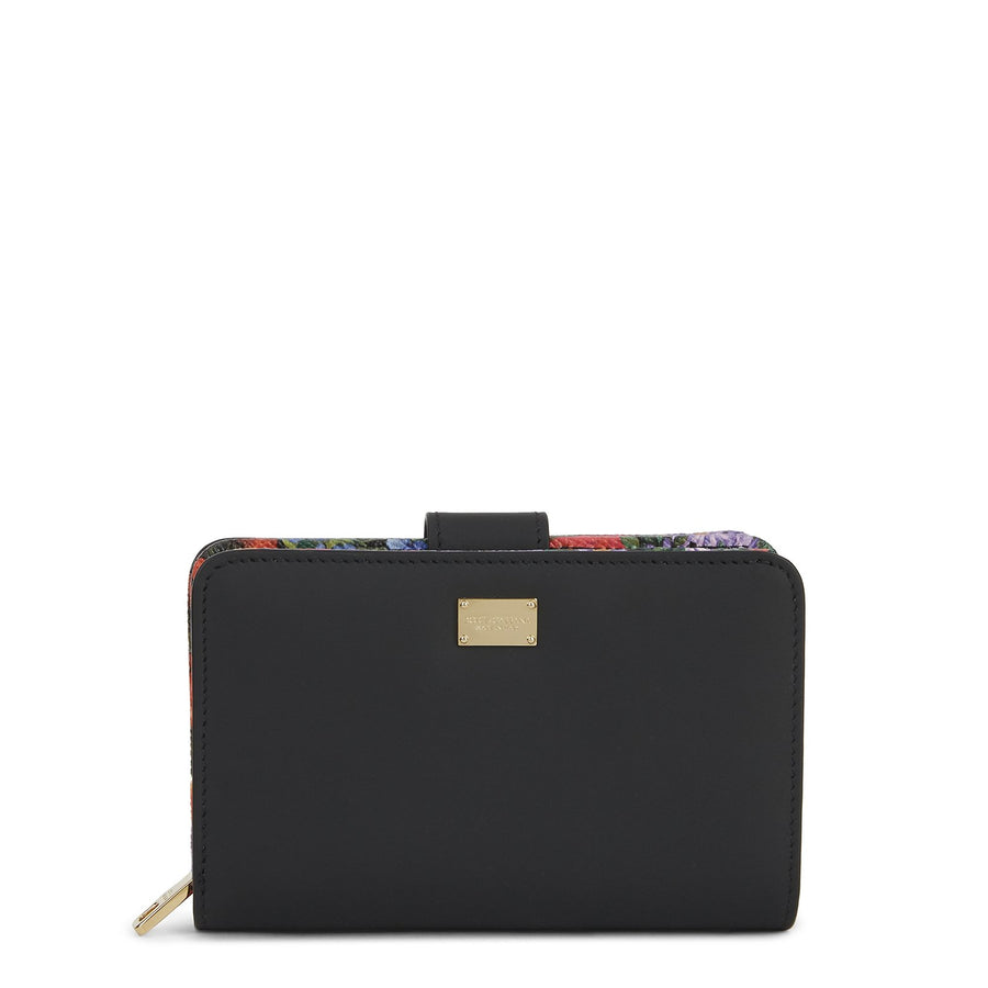 Wallet In Black Calf Leather With Printed Hammered Calf Leather