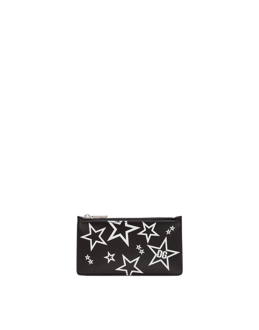 Calf leather card holder with stars print and zipper