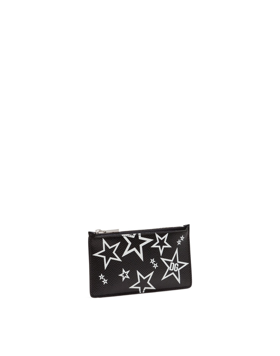 Calf leather card holder with stars print and zipper