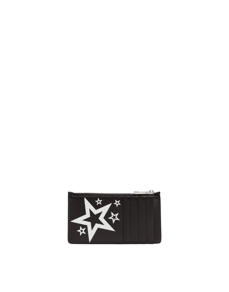 Calf leather card holder with stars print and zipper