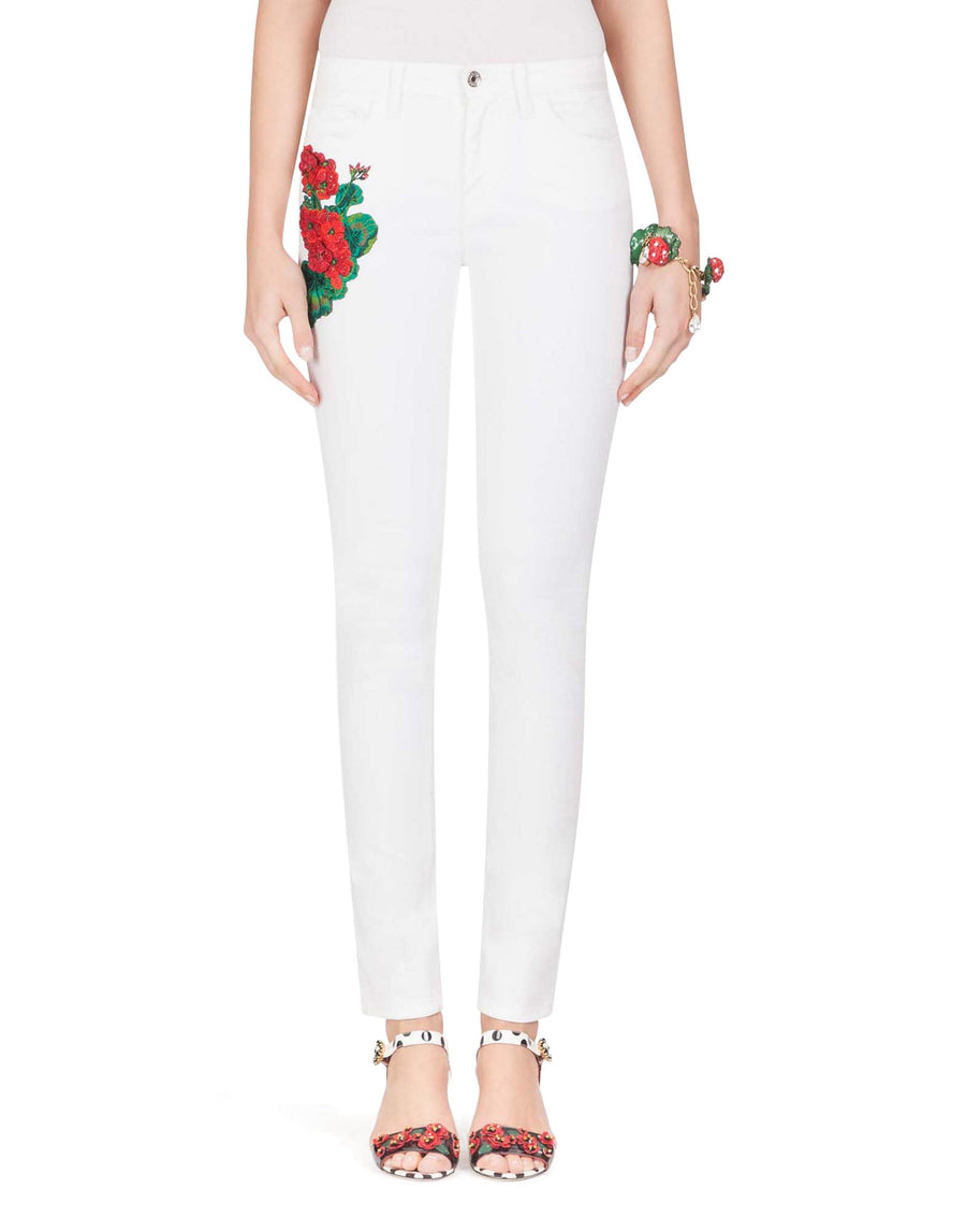 Stretch cotton trousers with floral embroidery