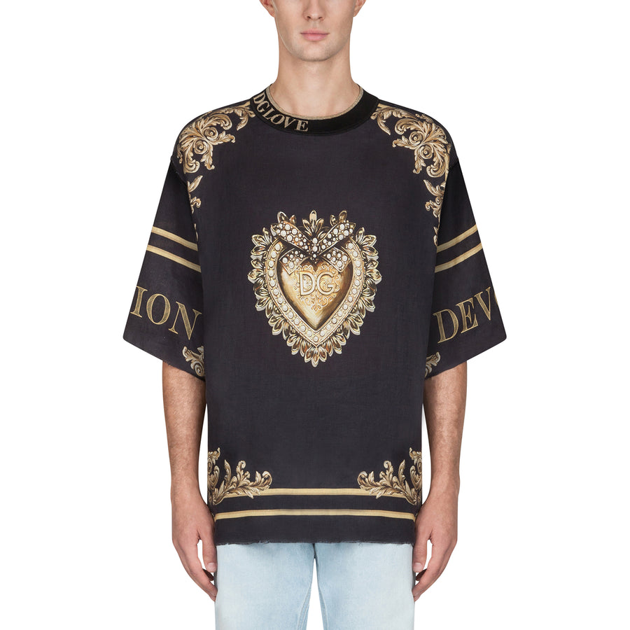 T-shirt in black linen with golden Devotion print