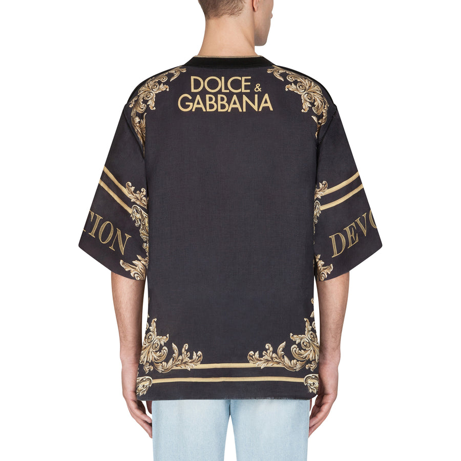 T-shirt in black linen with golden Devotion print