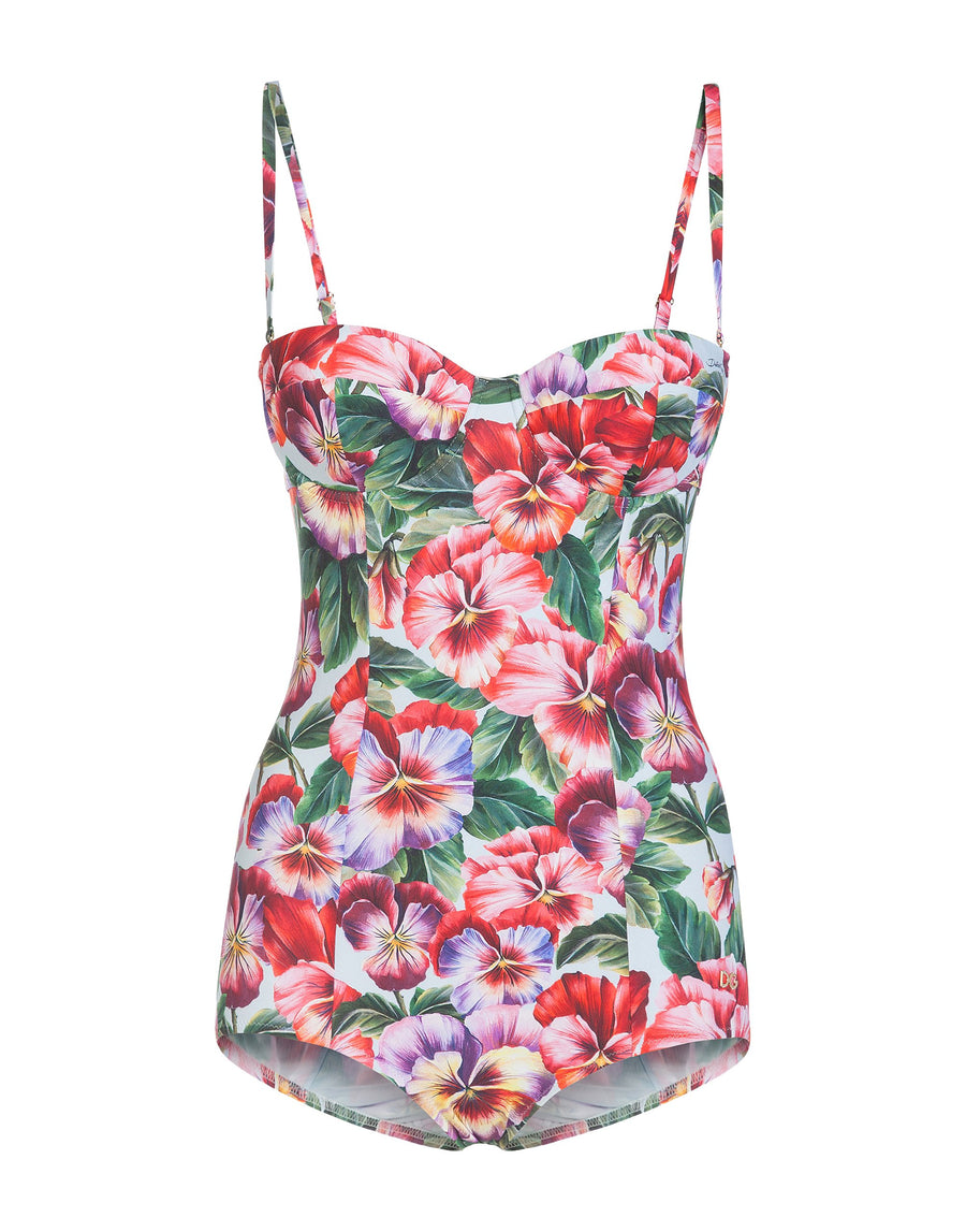 Floral one-piece bathing suit with sweetheart neckline