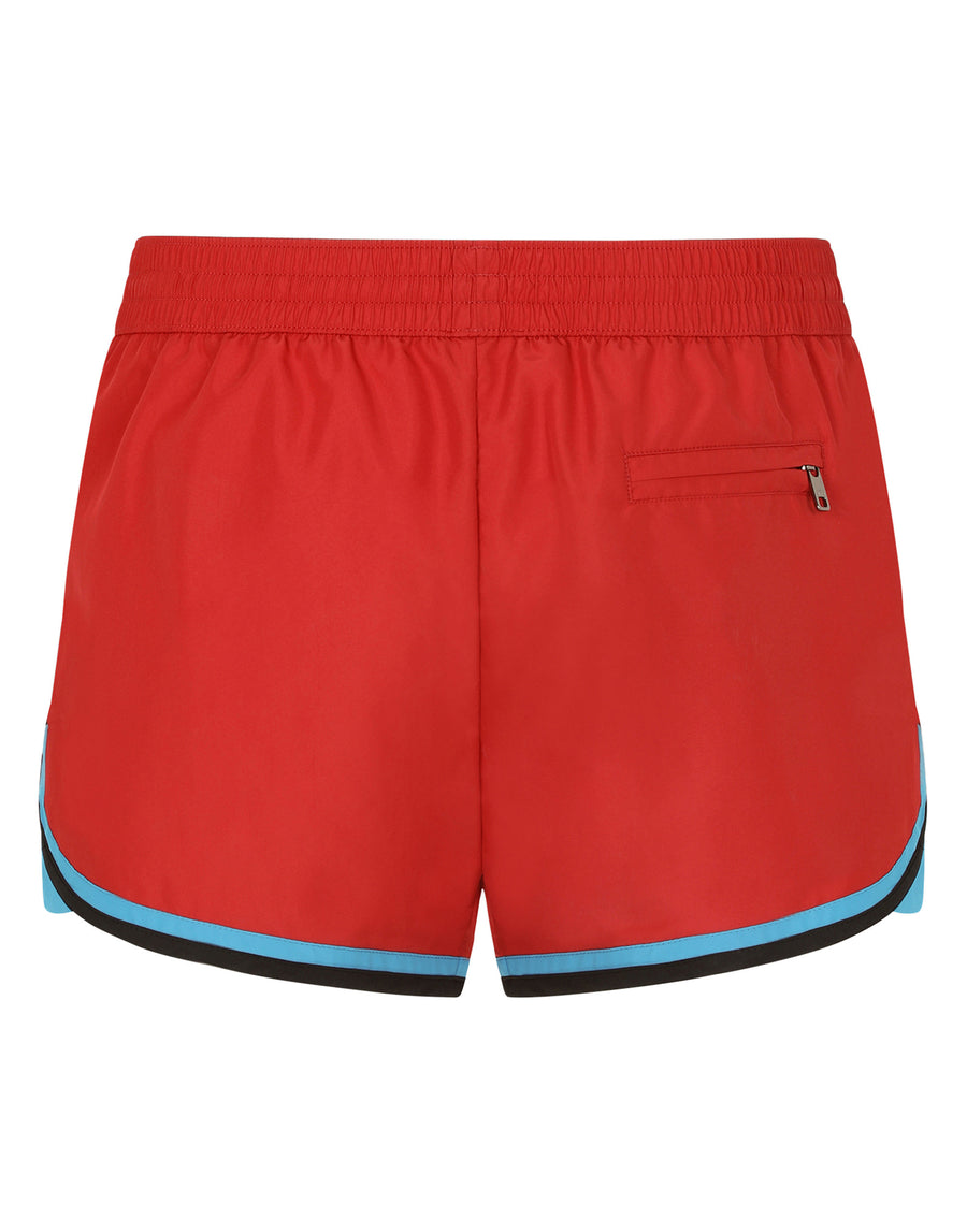 Short swim trunks with contrasting-colored trims