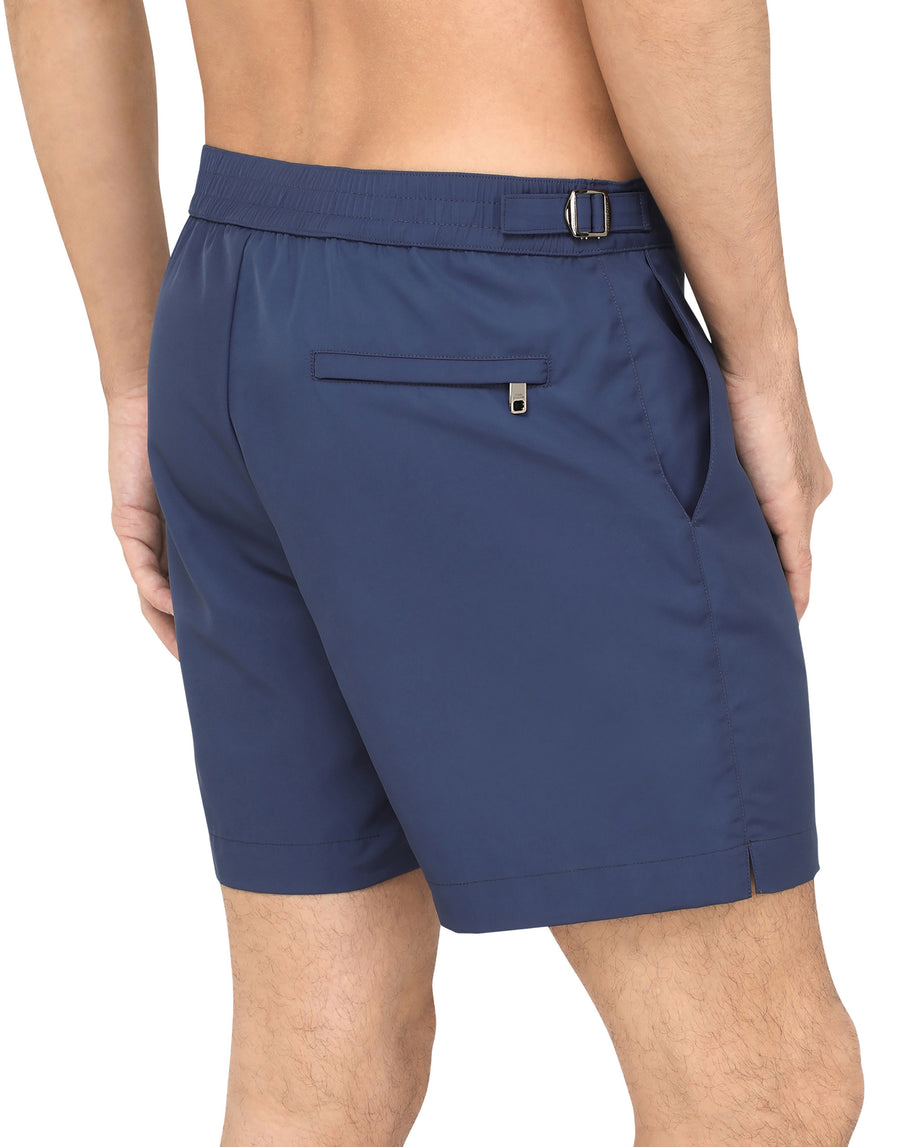 Mid-length swim shorts with branded plate