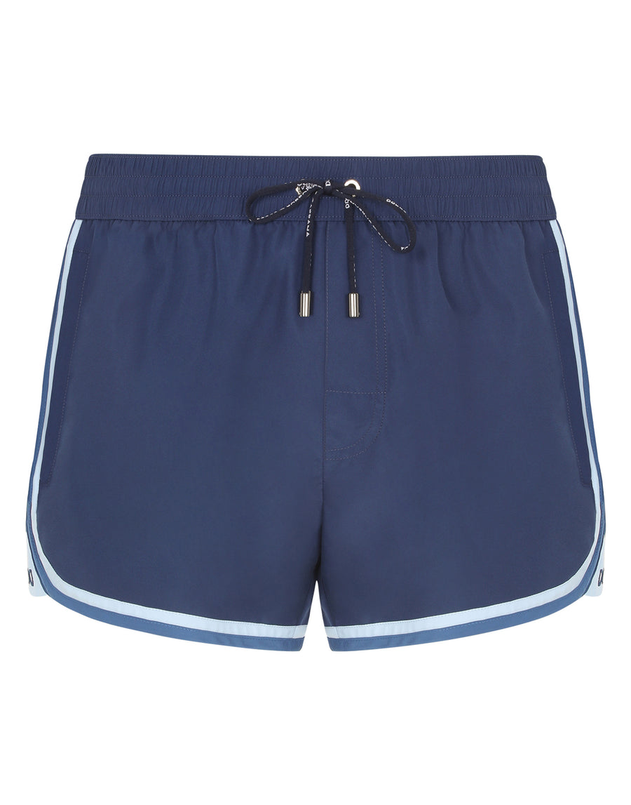 Short swim trunks with contrasting-colored trims