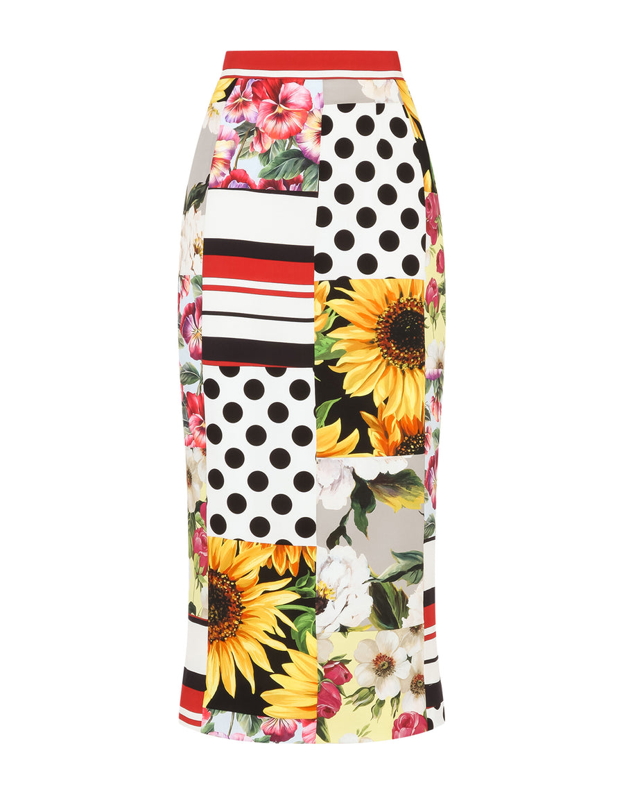 Patchwork charmeuse midi skirt