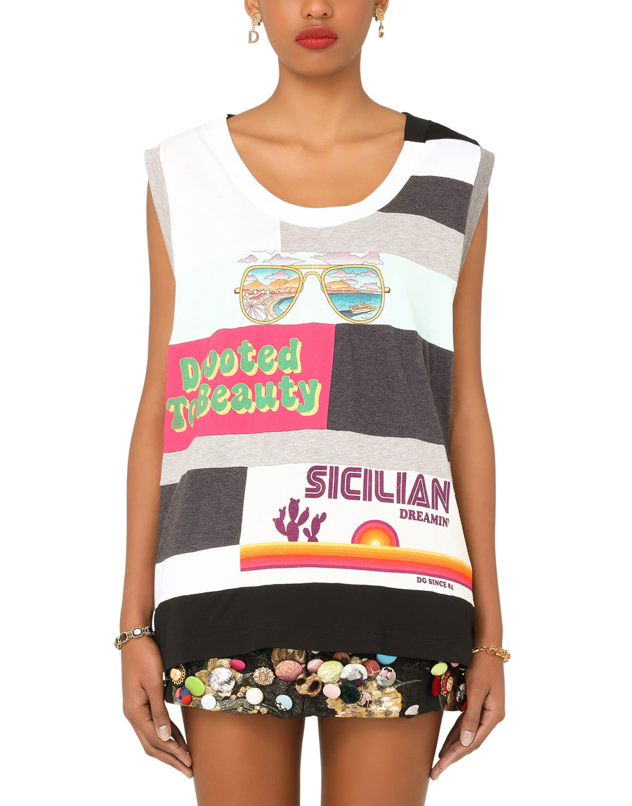 Patchwork-print jersey tank top