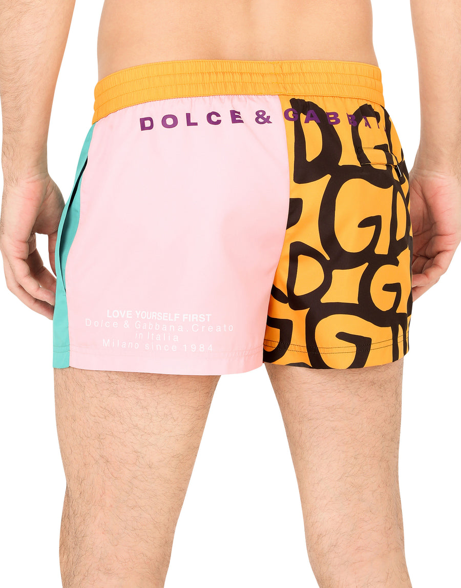 Short nylon patchwork swim trunks with patch