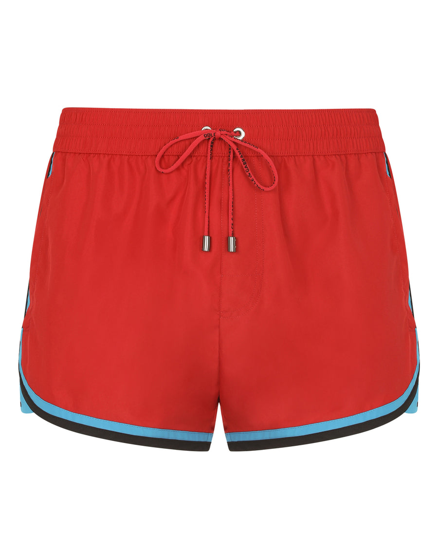 Short swim trunks with contrasting-colored trims