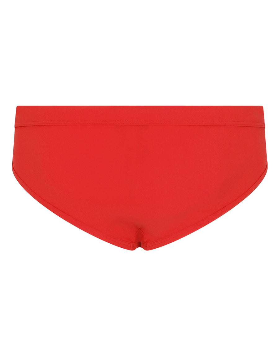 Swim briefs with high-cut leg and branded metal plate