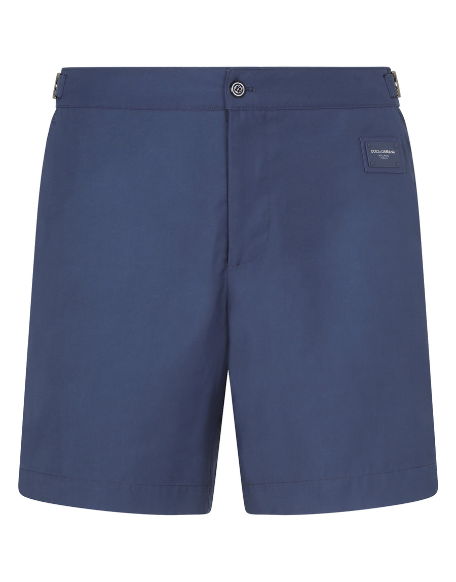 Mid-length swim shorts with branded plate