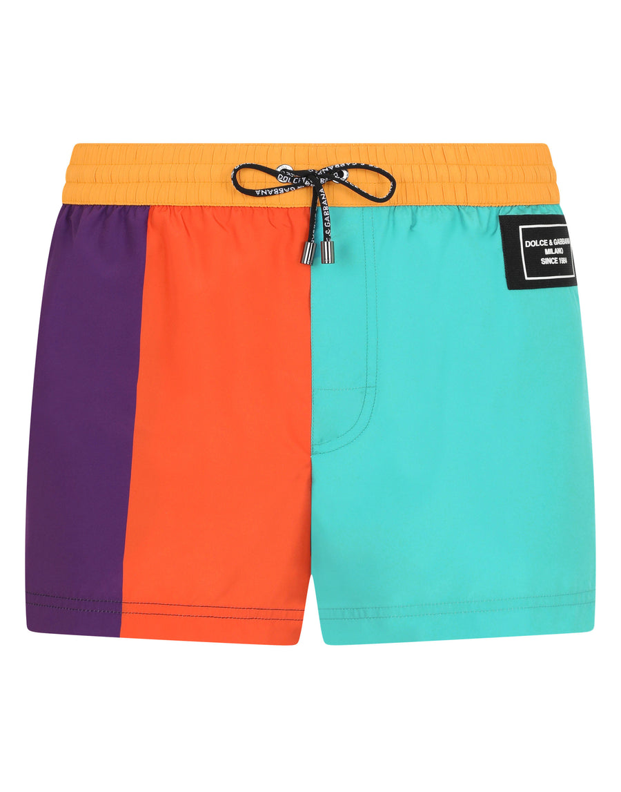 Short nylon patchwork swim trunks with patch