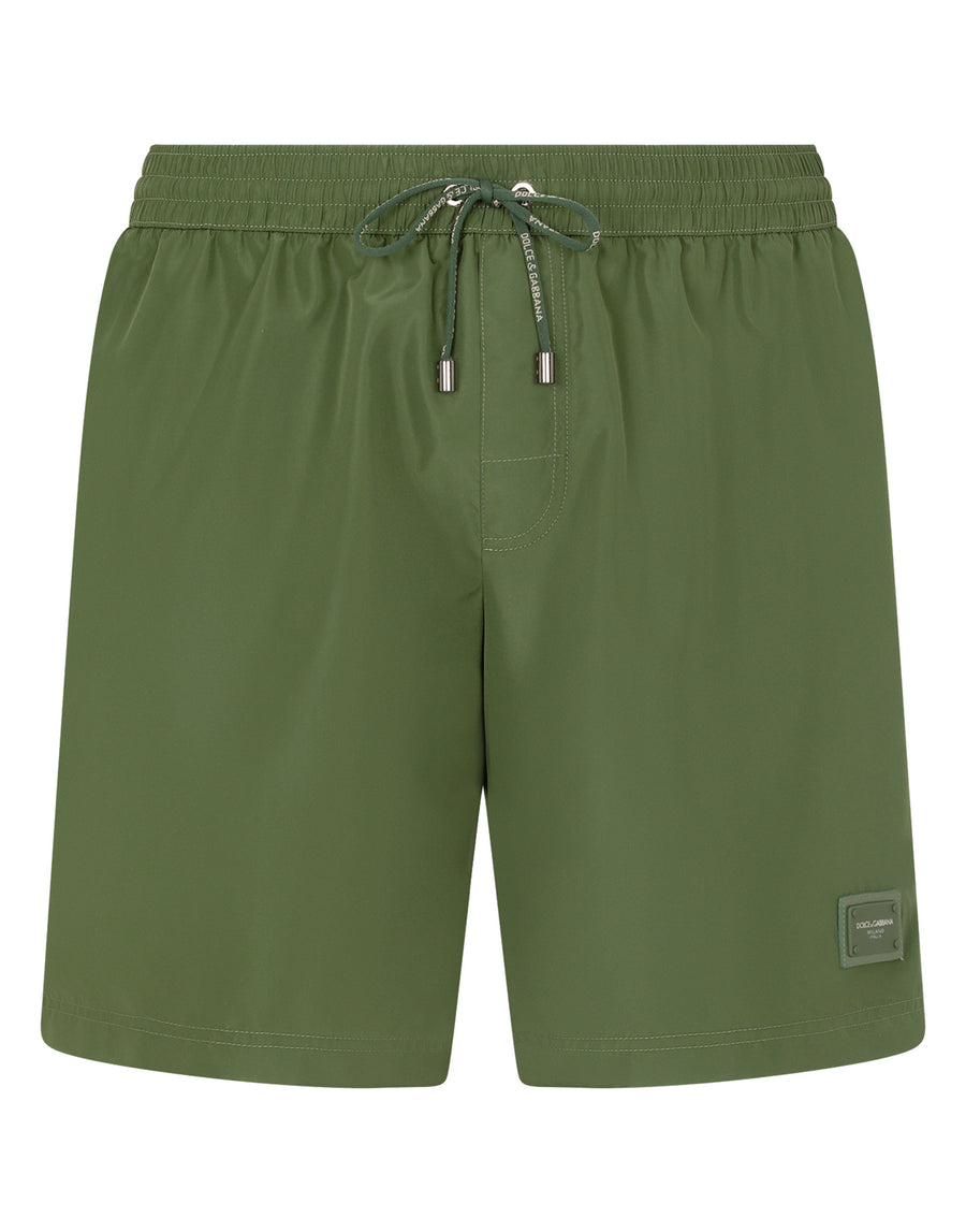 Mid-length swim trunks with branded plate