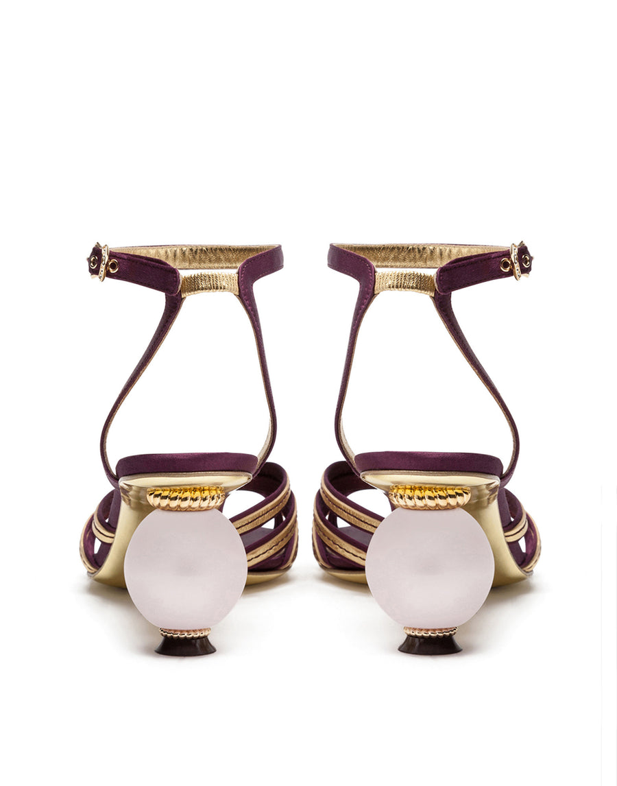 SATIN AND MORDORÉ SANDALS WITH PEARL HEEL