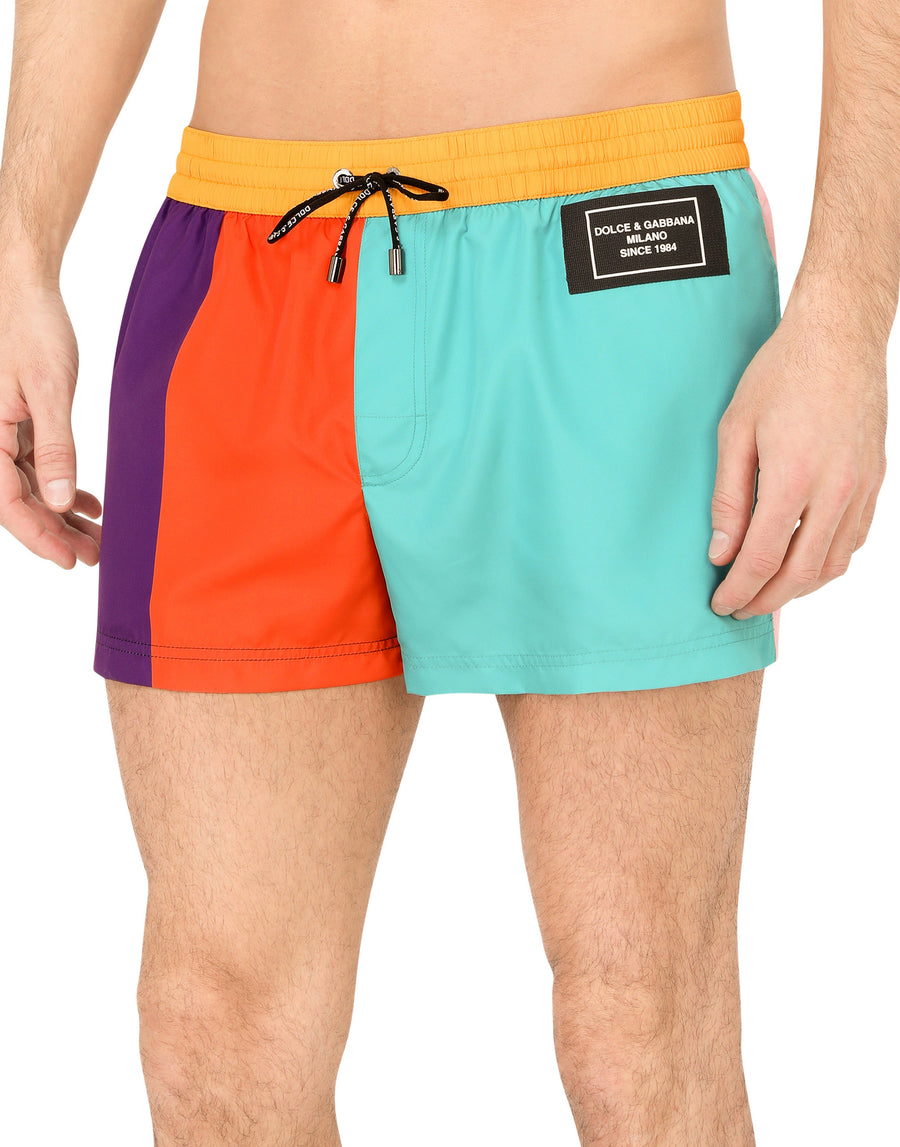 Short nylon patchwork swim trunks with patch