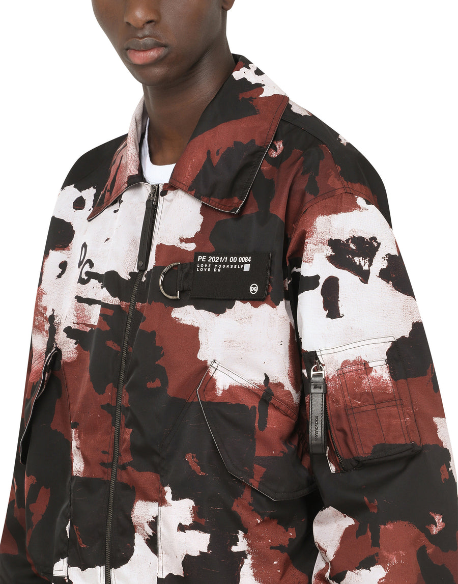 Camouflage-print nylon jacket with multiple logos