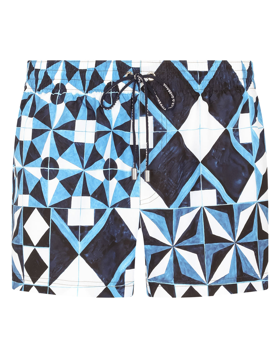 Short swim trunks with majolica print