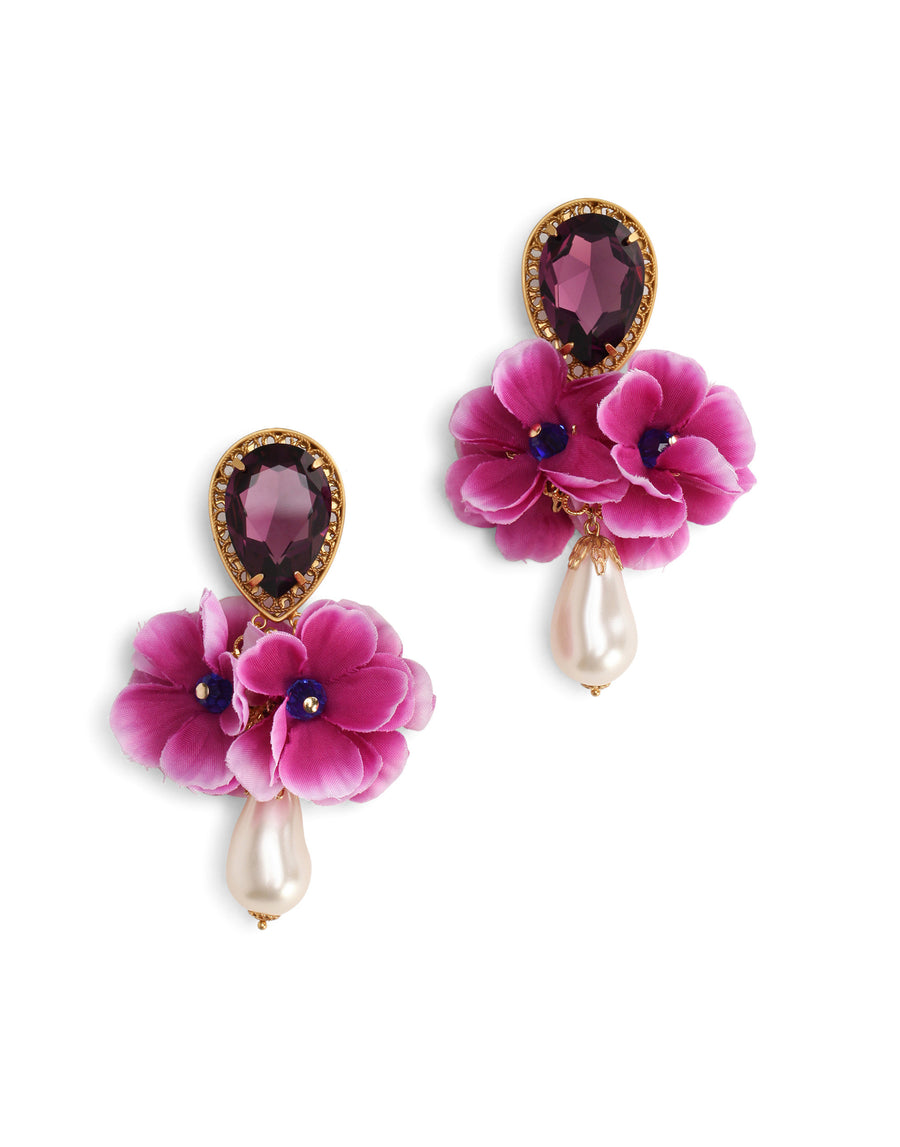 Drop earrings with rhinestone and fabric flowers