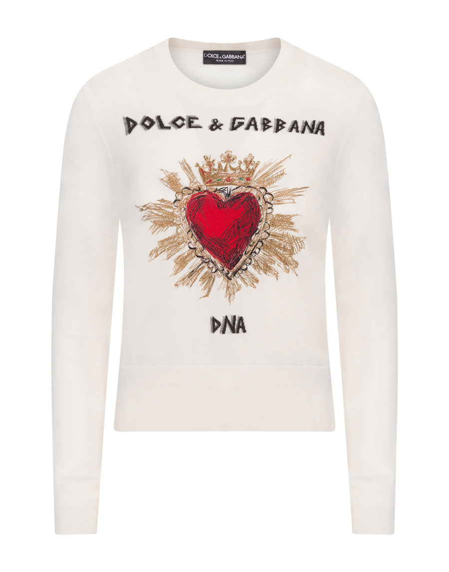 Cropped cashmere sweater with intarsia and embroidery