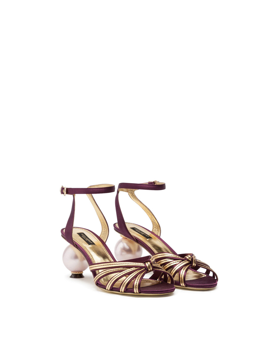 SATIN AND MORDORÉ SANDALS WITH PEARL HEEL