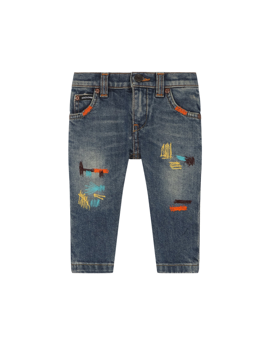 Regular-fit petrol blue stretch jeans with top-stitching