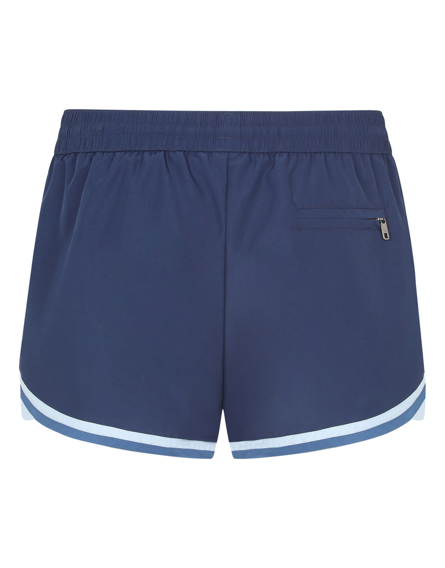 Short swim trunks with contrasting-colored trims