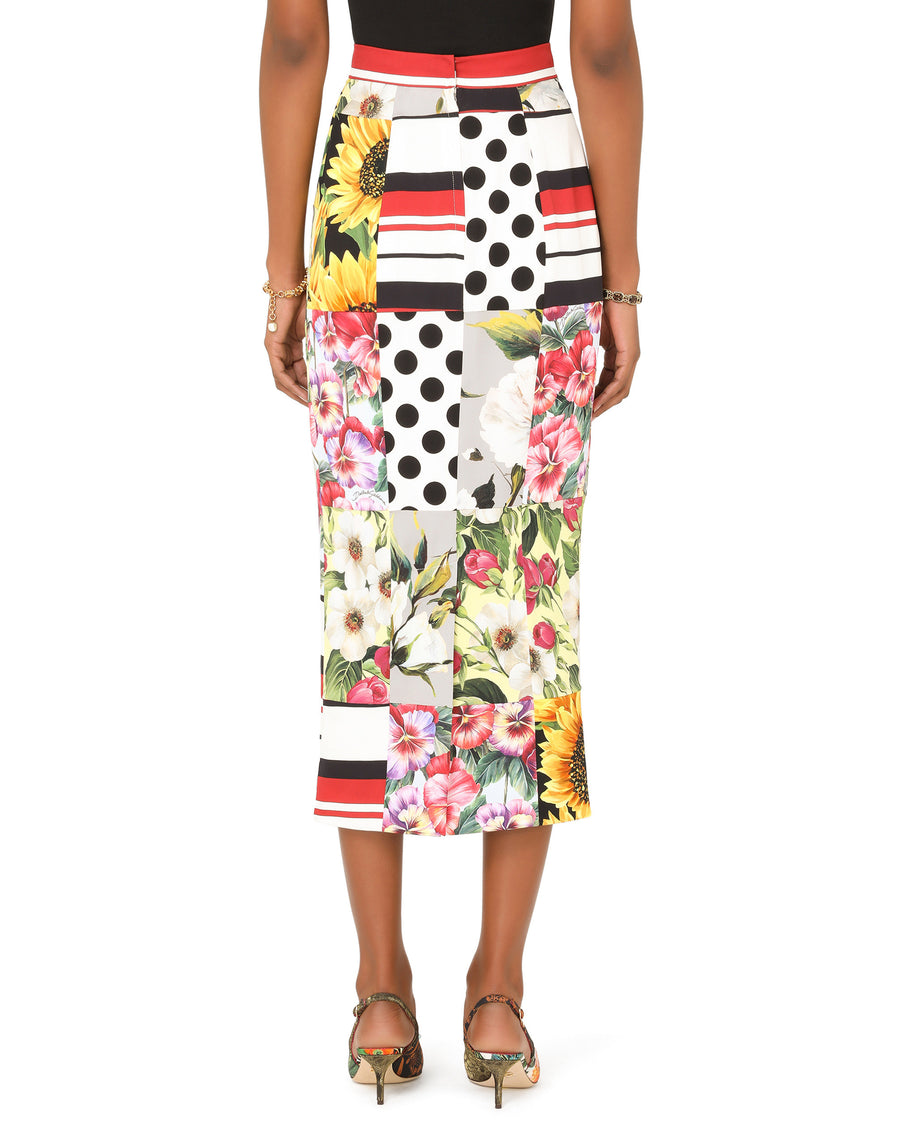 Patchwork charmeuse midi skirt