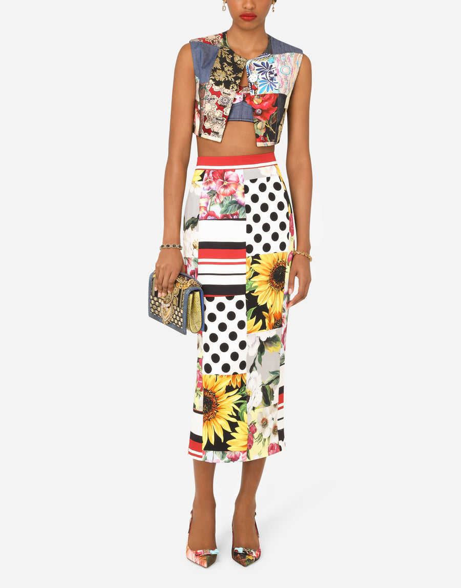 Patchwork charmeuse midi skirt