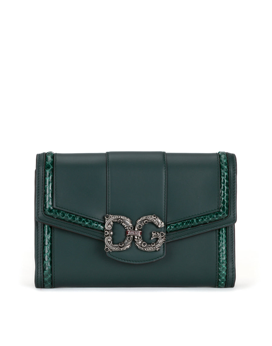 Clutch with python outlines and shoulder strap