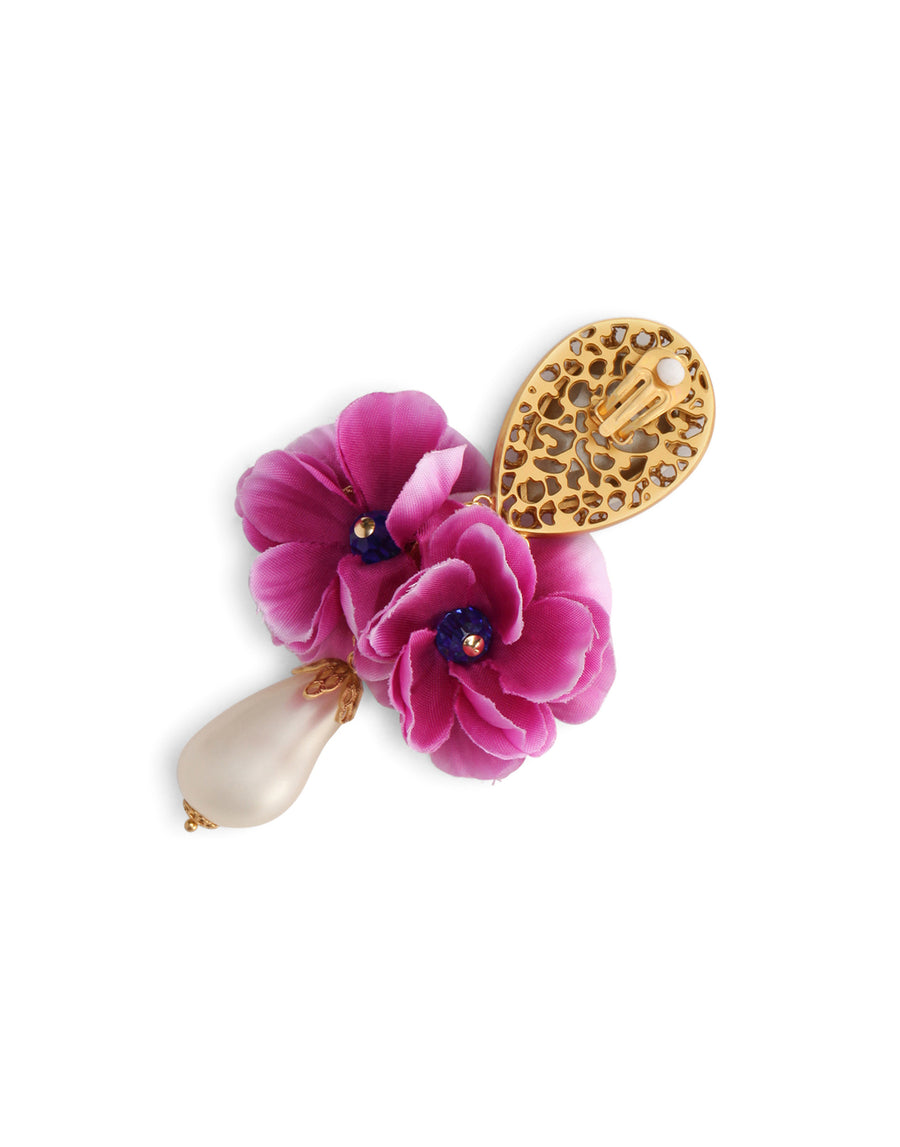 Drop earrings with rhinestone and fabric flowers