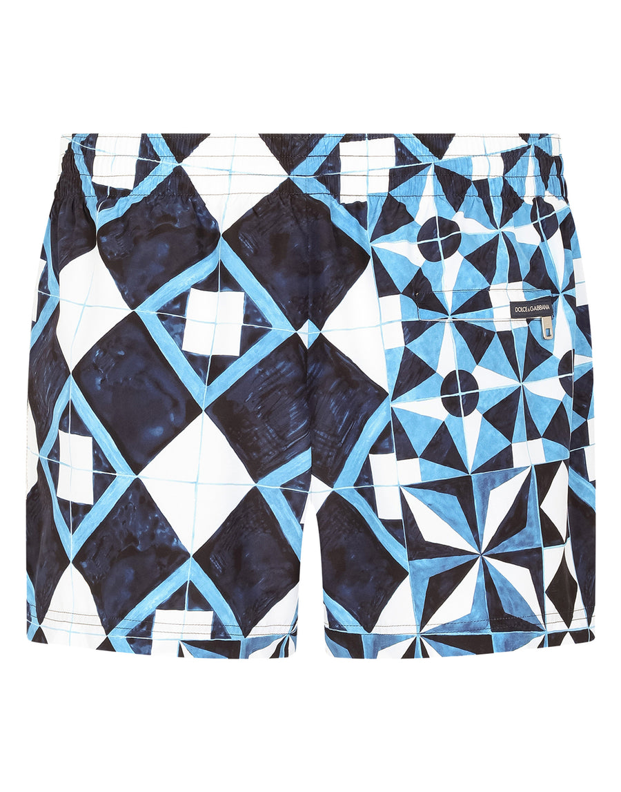 Short swim trunks with majolica print