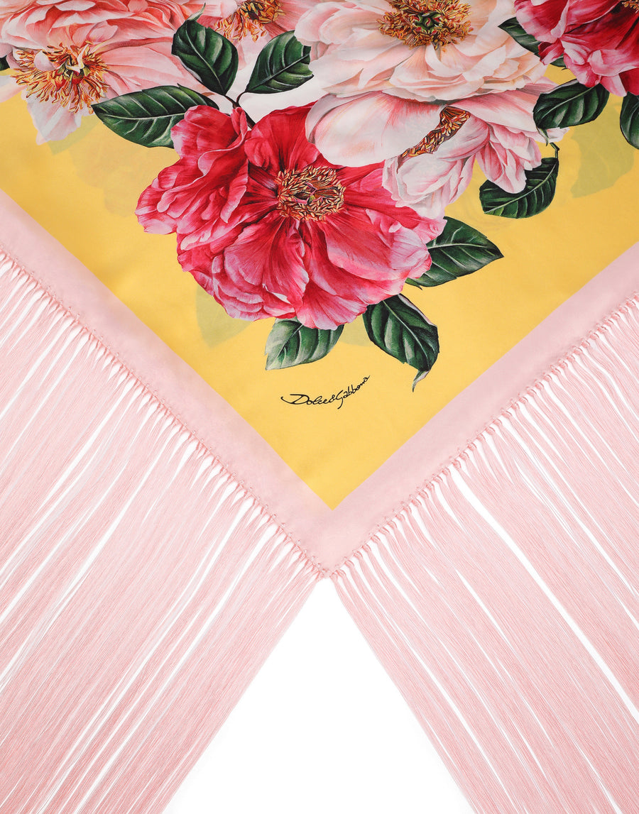 Camellia-print silk satin foulard with fringing